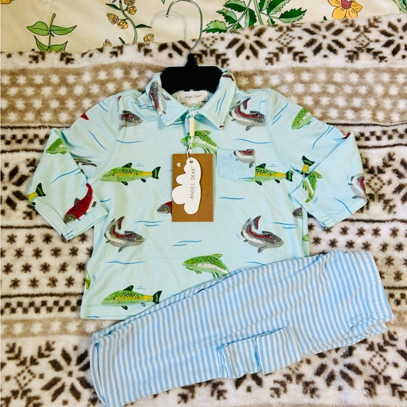 Angel Dear Other - Angel Dear Bamboo Blue Salmon Long Sleeve Polo & Striped Cargo Pants 3/6